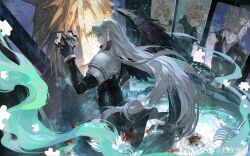 Rule 34 | 2boys, absurdres, armor, black coat, blonde hair, blue eyes, buster sword, cicadas of the scorched night, cloud strife, coat, commentary request, final fantasy, final fantasy vii, from above, grey hair, high collar, highres, jigsaw puzzle, long bangs, long coat, long hair, long sleeves, multiple boys, parted bangs, pauldrons, puzzle, puzzle piece, sephiroth, shoulder armor, single shoulder pad, skeleton, sleeveless, sleeveless turtleneck, spiked hair, turtleneck, very long hair