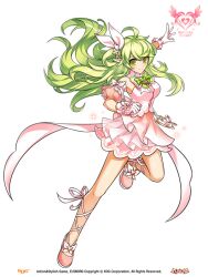 1girl ahoge arm_up back_bow bare_shoulders bow bowtie breasts clenched_hand closed_mouth collared_shirt company_name copyright_name copyright_notice detached_sleeves dot_nose dress dress_under_shirt elf elsword floating_hair flower footwear_bow frilled_dress frilled_gloves frills full_body game_cg gloves green_bow green_bowtie green_eyes green_hair hair_bow hair_flower hair_ornament halter_shirt halterneck happy heart high_collar hwansang large_breasts layered_sleeves leg_ribbon leg_up light_blush logo long_hair looking_at_viewer magical_girl official_alternate_costume official_art pink_bow pink_dress pink_flower pink_shoes pink_sleeves pointy_ears puffy_short_sleeves puffy_sleeves rena_erindel ribbon second-party_source shirt shoes short_dress short_sleeves sleeve_bow smile solo standing swept_bangs tachi-e tareme transparent_background very_long_hair white_bow white_gloves white_ribbon white_shirt white_sleeves