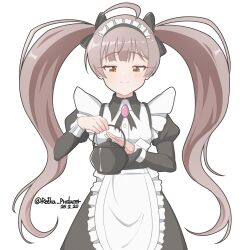 1girl absurdres ahoge apron birthday black_dress brown_eyes brown_hair closed_mouth dated dress facing_viewer hakozaki_serika highres holding holding_kettle idolmaster idolmaster_million_live! juliet_sleeves kettle long_hair long_sleeves looking_down maid maid_apron maid_headdress nillis puffy_sleeves simple_background smile solo standing straight-on twintails twitter_username very_long_hair white_apron white_background white_headdress