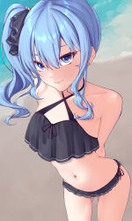 1girl absurdres alternate_costume arms_behind_back asymmetrical_sidelocks bare_shoulders beach bikini black_bikini blue_eyes blue_hair blue_ribbon closed_mouth commentary criss-cross_halter day double-parted_bangs earrings frilled_bikini frills hair_between_eyes hair_ribbon halterneck highres hololive hoshimachi_suisei jewelry looking_at_viewer medium_hair navel outdoors ribbon side-tie_bikini_bottom side_ponytail smile solo standing star_(symbol) star_earrings star_in_eye stomach swimsuit symbol_in_eye virtual_youtuber zellam