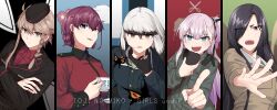 Rule 34 | 5girls, :d, absurdres, alternate hairstyle, aratama (toji no miko), black gloves, black hair, black hat, black jacket, blue eyes, blue jacket, blunt bangs, braid, brown eyes, brown hair, brown jacket, bug, butterfly, chi-hatan (emblem), chi-hatan military uniform, closed mouth, collared jacket, collared shirt, colored tips, commentary request, copyright name, cosplay, crossed arms, cup, darjeeling (girls und panzer), darjeeling (girls und panzer) (cosplay), emblem, eyes visible through hair, fangs, garrison cap, girls und panzer, gloves, green jacket, green shirt, hair between eyes, hair over one eye, hat, highres, holding, holding cup, insect, jacket, jouhou, katyusha (girls und panzer), katyusha (girls und panzer) (cosplay), konohana suzuka, kuromorimine (emblem), kuromorimine military uniform, long hair, long sleeves, looking at viewer, medium hair, military uniform, multicolored hair, multiple girls, nishi kinuyo, nishi kinuyo (cosplay), nishizumi maho, nishizumi maho (cosplay), nishizumi miho, nishizumi miho (cosplay), one side up, ooarai (emblem), ooarai military uniform, open mouth, origami yukari, parted lips, pink hair, pointing, pointing at viewer, pravda (emblem), pravda military uniform, purple hair, red eyes, red jacket, red shirt, satsuki yomi, shidou maki (toji no miko), shirt, short hair, sleeve cuffs, smile, st. gloriana&#039;s (emblem), st. gloriana&#039;s military uniform, teacup, thick eyebrows, throat microphone, toji no miko, tsubakuro yume, v-shaped eyebrows, very long hair, white hair