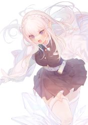 Rule 34 | 1girl, angry, belt, belt buckle, black jacket, blunt bangs, braid, breasts, buckle, buttons, cosplay, crown braid, emilia (re:zero), eyelashes, feet out of frame, fighting stance, flower, furrowed brow, hair flower, hair ornament, hair spread out, haori, high-waist skirt, highres, holding, holding sword, holding weapon, jacket, japanese clothes, kimetsu no yaiba, kochou shinobu, kochou shinobu (cosplay), leg up, long hair, open mouth, pink hair, pointy ears, purple hair, re:zero kara hajimeru isekai seikatsu, sheath, sidelocks, simple background, skirt, socks, solo, standing, standing on one leg, sword, thighhighs, torano, very long hair, weapon, white background, white belt, white socks