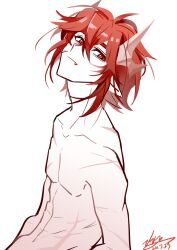1boy abs absurdres aotu_world artist_name bishounen chinese_commentary closed_mouth collarbone dated fang fang_out glasses hair_between_eyes head_tilt headgear highres limited_palette looking_at_viewer male_focus nipples nude pectorals pius_(aotu_world) pointy_ears red_eyes red_hair scar scar_on_chest scar_on_face scar_on_shoulder scar_on_stomach short_hair signature simple_background smile solo toned toned_male topless_male ukion965 upper_body white_background