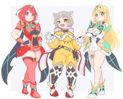 3girls animal_ear_fluff animal_ears bare_shoulders blonde_hair bob_cut bodysuit breasts cat_ears cat_girl chest_jewel cleavage cleavage_cutout clothing_cutout commentary_request dress earrings elbow_gloves fang floating_earring gloves grey_hair headpiece highres jewelry large_breasts long_hair looking_at_viewer microdress multiple_girls mythra_(xenoblade) open_mouth pyra_(xenoblade) red_eyes red_hair red_shorts short_hair shorts skin_fang smile solo swept_bangs thick_thighs thighhighs thighs tiara uncool_mochi xenoblade_chronicles_(series) xenoblade_chronicles_2 yellow_bodysuit yellow_eyes