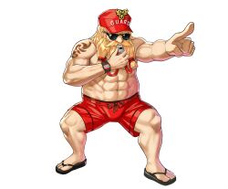Rule 34 | 1boy, abs, artist request, beard, black sandals, blonde hair, blowing, commentary, commentary request, dwarf, english commentary, english text, facial hair, full body, hat, highres, king&#039;s raid, korean commentary, lifeguard, male focus, male swimwear, mixed-language commentary, muscular, muscular male, mustache, official alternate costume, official art, phillop (king&#039;s raid), pointing, red hat, red male swimwear, sandals, second-party source, shoulder tattoo, solo, sunglasses, tattoo, tied beard, watch, wristwatch