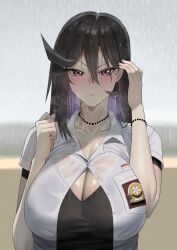 1girl :i absurdres black_hair blush bracelet breasts brown_eyes cleavage clenched_hand closed_mouth collarbone collared_shirt commentary english_commentary hair_between_eyes hands_up highres indonesian_flag indonesian_high_school_uniform jewelry large_breasts looking_at_viewer medium_hair necklace original pout rain school_uniform see-through_clothes shirt short_sleeves solo suggestive_fluid upper_body v-shaped_eyebrows wet wet_clothes wet_shirt white_shirt zaenathi