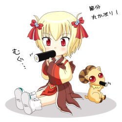 1girl baphomet_jr blonde_hair blush boots bow brown_skirt commentary_request eating ehoumaki food full_body hair_bow hanbok korean_clothes long_sleeves makizushi meruya_(catcan) open_mouth ragnarok_online red_bow red_eyes shirt short_hair simple_background sitting skirt solo soul_linker_(ragnarok_online) sushi translation_request white_background white_boots yellow_shirt