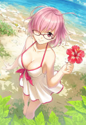 1girl bare_arms bare_shoulders beach blue_sky blush breasts cleavage closed_mouth cloud cloudy_sky collarbone commentary_request day dress dress_swimsuit dutch_angle fate/grand_order fate_(series) female_focus flower from_above glasses hair_over_one_eye holding holding_flower horizon kamome_yuu large_breasts looking_at_viewer looking_up mash_kyrielight mash_kyrielight_(swimsuit_of_perpetual_summer) ocean official_alternate_costume outdoors pink_hair purple_eyes red-framed_eyewear red_flower sand seashell shell sky smile solo standing starfish water white_dress