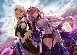 2girls absurdres aponia_(honkai_impact) blue_eyes breasts elysia_(honkai_impact) elysia_(miss_pink_elf)_(honkai_impact) flower grey_eyes ha_uiyeon hair_between_eyes hair_ornament highres honkai_(series) honkai_impact_3rd large_breasts long_hair mountain multiple_girls petals pink_hair rose rose_petals smile thighhighs veil