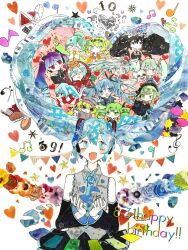 Rule 34 | 39, 6+girls, :d, aqua eyes, aqua hair, aqua nails, aqua necktie, arifureta sekai seifuku (vocaloid), bare shoulders, bass clef, beamed eighth notes, black skirt, black sleeves, blush, bubbles (shallows o0), bunting, cat food (vocaloid), chibi, collared shirt, commentary request, detached sleeves, eighth note, eighth rest, floating hair, flower, grey shirt, hair floating upwards, hair ribbon, hands up, happy, happy birthday, hatsune miku, hatsune miku (infinity), heart, heart-shaped hair, himitsu keisatsu (vocaloid), holding, kagerou days (vocaloid), karakuri pierrot (vocaloid), long hair, looking at viewer, masking tape (medium), melt (vocaloid), mixed media, multiple girls, musical note, musical staff, necktie, nisoku hokou (vocaloid), open mouth, puzzle (vocaloid), quarter note, rainbow order, ren&#039;ai saiban (vocaloid), ribbon, rolling girl (vocaloid), senbonzakura (vocaloid), shinkai shoujo (vocaloid), shirt, sidelocks, skirt, sleeveless, sleeveless shirt, smile, song request, spica (vocaloid), star (symbol), suna no wakusei (vocaloid), tell your world (vocaloid), traditional media, treble clef, twintails, unconventional media, unknown mother goose (vocaloid), upper body, ura-omote lovers (vocaloid), very long hair, vocaloid, white background