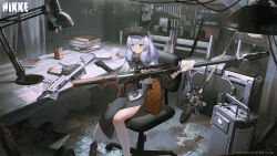 1girl assault_rifle black_dress book book_stack closed_mouth cup curtains desk desk_lamp dress frown goddess_of_victory:_nikke goggles goggles_on_head gun hammer highres indoors lamp long_hair mage_staff mug official_art on_chair polishing rifle sawana second-party_source sitting sniper_rifle snow_white_(innocent_days)_(nikke) snow_white_(nikke) solo swivel_chair watermark weapon white_hair wiping wrench yellow_eyes