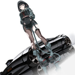 1girl absurdres animal_ears arched_bangs black_garter_straps black_gloves black_hair black_necktie black_pantyhose black_shirt black_shorts black_thighhighs blunt_bangs boots car fingerless_gloves from_below fur_trim garter_straps gloves green_jacket grey_boots grin hair_between_eyes highres irv_v12 jacket jane_doe_(zenless_zone_zero) looking_at_viewer motor_vehicle mouse_ears mouse_girl mouse_tail necktie pantyhose platform_boots shirt shorts single_leg_pantyhose single_thighhigh smile solo tail thighhighs torn_clothes torn_pantyhose torn_thighhighs zenless_zone_zero