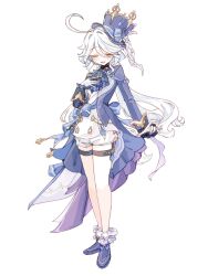 Rule 34 | 1girl, ahoge, ascot, back bow, black shirt, blue ascot, blue bow, blue gemstone, blue hair, blue hat, blue jacket, blue shoes, blush, bow, buttons, closed eyes, commentary request, csye003, full body, furina (genshin impact), gem, genshin impact, gloves, hair between eyes, hand on own chest, hand up, hat, hat bow, hat ornament, hat ribbon, highres, huge ahoge, jacket, lapels, long hair, long sleeves, low ponytail, multicolored hair, open clothes, open jacket, open mouth, ponytail, ribbon, shirt, shoes, shorts, sidelocks, simple background, smile, socks, solo, standing, tassel, thigh strap, two-tone hair, vest, wavy hair, white background, white gloves, white hair, white ribbon, white shorts, white socks, white vest