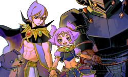 Rule 34 | 1girl, 2boys, abs, armor, artist name, black armor, black cloak, brother and sister, chest jewel, circlet, cloak, cowboy shot, crop top, daemon (fantasy life), dog, earrings, family, fantasy life i: the girl who steals time, full armor, gem, gold trim, green gemstone, hair between eyes, highres, holding hands, jewelry, lisa (fantasy life), midriff, mouyi, multiple boys, navel, odin (fantasy life), open mouth, parted lips, pointy hair, puffy short sleeves, puffy sleeves, purple eyes, purple hair, red gemstone, sample watermark, short sleeves, short twintails, siblings, smile, tongue, tongue out, twintails, watermark, white background
