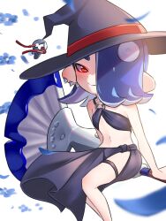 1girl alternate_costume amakusa_setoka blue_hair broom broom_riding dress ear_piercing earrings flat_chest flower glowing hair_over_one_eye halterneck hat highres jewelry looking_at_viewer multiple_earrings navel nintendo o-ring o-ring_top octoling paintbrush piercing pointy_ears shiver_(splatoon) sitting smile solo splatoon_(series) splatoon_3 tentacle_hair thighlet white_background witch_hat