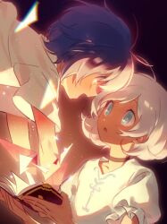 Rule 34 | 2boys, 7 ps, black choker, blue eyes, blue hair, book, brown eyes, choker, commentary request, dark-skinned male, dark skin, eye contact, floating, floating hair, frilled sleeves, frills, holding, holding book, looking at another, male focus, metaphor: refantazio, multiple boys, open book, open mouth, parted bangs, protagonist (metaphor: refantazio), shirt, short sleeves, the prince (metaphor: refantazio), white hair, white shirt