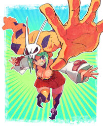 1girl argyle_clothes argyle_thighhighs bare_shoulders border breasts cerebella_(skullgirls) diamond_facial_mark emphasis_lines facial_mark foreshortening green_hair grin hat large_breasts living_clothes long_sleeves red_skirt skirt skullgirls smile solo white_border yuza