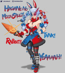 absurdres animal_ears asymmetrical_clothes asymmetrical_footwear braid cannon carrot carrot_hair_ornament cosplay crossover drill rider_belt food-themed_hair_ornament fullbottle gloves hair_ornament highres hololive kamen_rider kamen_rider_build kamen_rider_build_(cosplay) kamen_rider_build_(series) leotard moilancelot playboy_bunny rabbit_ears ribbon sword thighhighs usada_pekora usada_pekora_(1st_costume) virtual_youtuber visor weapon