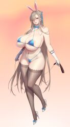Rule 34 | 1girl, absurdres, adapted costume, animal ears, areola slip, asuna (blue archive), bare shoulders, bikini, blue archive, blue eyes, blush, bow, bowtie, breasts, cleavage, covered erect nipples, curvy, detached collar, fake animal ears, full body, gloves, gradient background, hair over one eye, halo, high heels, highleg, highleg bikini, highres, holding, holding leash, huge breasts, leash, leotard, light brown hair, long hair, looking at viewer, micro bikini, mole, mole on breast, navel, navel piercing, piercing, playboy bunny, playboy bunny bikini, playboy bunny swimsuit, rabbit ears, rekaerb maerd, skindentation, smile, solo, string bikini, swimsuit, thick thighs, thighhighs, thighs, traditional bowtie, very long hair, white gloves, wide hips