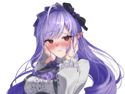 1girl ahoge black_nails blush bow breasts center_frills commentary drill_hair duckntea frills hairband hands_on_own_cheeks hands_on_own_face hands_up highres long_hair long_sleeves looking_at_viewer mole mole_under_eye pointy_ears purple_hair purple_hairband red_eyes revision simple_background solo upper_body vivian_(zenless_zone_zero) white_background zenless_zone_zero