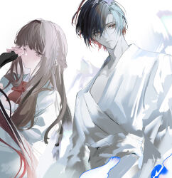 1boy 1girl absurdres black_hairband blue_hair brown_eyes brown_hair closed_mouth female_commander_(forever_7th_capital) forever_7th_capital hairband highres japanese_clothes kimono long_hair multicolored_hair one_eye_closed rrrr_222 short_hair streaked_hair upper_body yukata zhong_yao