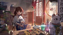 1girl blue_eyes brown_hair cat chair chinese_clothes crossed_legs door fish game_cg glasses idolmaster idolmaster_million_live! idolmaster_million_live!_theater_days leaf official_art pillar satake_minako sitting skirt smile solo