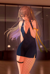 1girl arm_strap blue_dress breasts brown_hair chain dress fishnets girls&#039;_frontline hair_ribbon highres jewelry long_hair mumei_774_00 ribbon ring single_fishnet_legwear solo thigh_strap ump45_(girls&#039;_frontline)