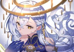 1girl bare_shoulders blue_hands braid bright_pupils closed_mouth commentary commentary_request genshin_impact gold hair_between_eyes halo highres istaroth_(genshin_impact) jewelry kippeijii long_hair solo star_(symbol) swept_bangs upper_body very_long_hair white_hair white_pupils yellow_eyes