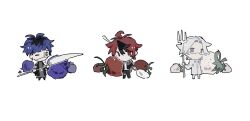 3boys animal_ears aotsuki_eito black_hair blue_hair cat_ears chibi chibi_only closed_eyes food_request fork fruit_request full_body glasses holding holding_fork holding_knife holding_spoon knife looking_at_viewer male_focus multiple_boys multiple_girls omokage_yugamu red_hair simple_background spoon standing sumino_takumi the_hundred_line_-last_defense_academy- white_background white_hair