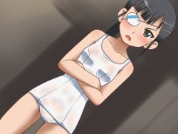 1girl awa black_hair brown_eyes loli nipples sakamoto_mio see-through_clothes strike_witches swimsuit wet world_witches_series