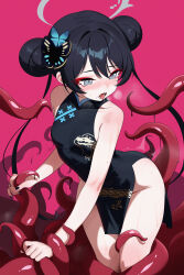 1girl absurdres black_dress black_hair black_nails blue_archive breasts butterfly_hair_ornament china_dress chinese_clothes double_bun dress grey_eyes hair_bun hair_ornament halo highres kisaki_(blue_archive) leaning_forward long_hair momobug22 open_mouth red_background small_breasts solo tentacles tongue tongue_out twintails very_long_hair