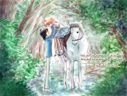 00s 1boy 1girl ahiru_(princess_tutu) ahoge black_hair braid dress eye_contact eyelashes fakir_(princess_tutu) forest freckles german_text horikiri_akio horse hrose looking_at_another nature pink_hair ponytail princess_tutu saddle text_focus translated