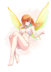 1girl alternate_costume bare_shoulders barefoot breasts earrings fairy fairy_wings feather_earrings feathers hololive hololive_english jewelry large_breasts long_hair looking_at_viewer orange_hair purple_eyes sebu_illust simple_background solo takanashi_kiara transparent_wings twitter_username virtual_youtuber white_background wings