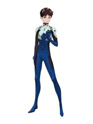 Rule 34 | 1boy, arm at side, artist request, blue eyes, brown hair, cassette player, collar, final gear, full body, hairpods, highres, holding, holding cassette, ikari shinji, interface headset (evangelion), legs apart, light frown, long sleeves, male focus, mecha pilot suit, neon genesis evangelion, number print, numbered, official art, plugsuit (evangelion), red collar, science fiction, short hair, simple background, skin tight, skinny, solo, standing, tachi-e, third-party source, transparent background, two-tone bodysuit, two-tone sleeves