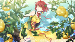 1girl :d ahoge braid breasts commission dated day dress earrings food frilled_dress frills fruit green_vest jewelry kohakuksm lemon open_clothes open_mouth open_vest original outdoors red_hair red_ribbon ribbon small_breasts smile solo standing vest yellow_dress yellow_eyes