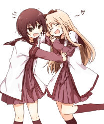 2girls :d angry blonde_hair blush bow brown_eyes brown_hair brown_sailor_collar brown_skirt brown_socks closed_eyes dress funami_yui hair_bow hair_ornament happy heart highres kneehighs knees layered_sleeves lightning_bolt_symbol long_hair long_sleeves migimiya_yoru multiple_girls nanamori_school_uniform open_mouth pleated_dress rum_raisin sailor_collar sailor_dress school_uniform serafuku short_hair short_over_long_sleeves short_sleeves simple_background skirt smile socks toshinou_kyouko white_background yuri yuru_yuri