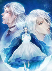 00s 1girl 2boys blood blue_background blue_eyes cape dress fantastic_children full_moon half_updo highres long_hair moon multiple_boys sesu shoes soran tetra_takamine tiara tina_(fantastic_children) white_dress white_hair