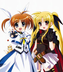 2girls absurdres belt black_cape black_gloves black_leotard black_ribbon black_thighhighs blonde_hair blue_eyes brown_hair cape clothing_cutout commentary cowboy_shot crossed_belts dress fate_testarossa fate_testarossa_(original_form) ferret gloves gluteal_fold hair_ribbon higa_yukari highres leotard long_dress long_hair looking_at_viewer lyrical_nanoha mahou_shoujo_lyrical_nanoha medium_hair multiple_girls navel_cutout one_side_up open_mouth raising_heart red_cape red_eyes ribbon showgirl_skirt simple_background skirt smile takamachi_nanoha takamachi_nanoha_(original_mode) thighhighs twintails two-sided_cape two-sided_fabric v watermark white_dress white_ribbon white_skirt yuuno_scrya