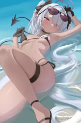 1girl arm_up bikini black_bikini black_choker black_gloves blue_archive choker dark-skinned_female dark_skin demon_tail detached_sleeves eyewear_on_head gloves grey_hair hair_over_one_eye halo highres iori_(blue_archive) iori_(swimsuit)_(blue_archive) knee_up looking_at_viewer lying multi-strapped_bikini_bottom non_non427 official_alternate_costume on_back partially_submerged pointy_ears side-tie_bikini_bottom solo string_bikini sunglasses swimsuit tail thigh_strap twintails