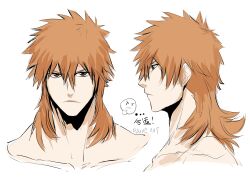 1boy asure_(asure_twi) bleach brown_eyes collarbone highres kurosaki_ichigo looking_at_viewer male_focus medium_hair mullet orange_hair portrait profile solo spiked_hair topless_male