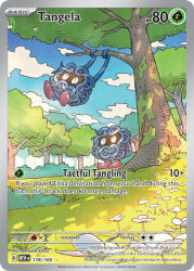 artist_name blue_sky bush card_(medium) character_name cloud company_name copyright_name copyright_notice day english_text flower gen_1_pokemon grass katou_oswaldo nintendo no_humans official_art outdoors pokemon pokemon_(creature) pokemon_card pokemon_focus pokemon_tcg sky tangela third-party_source trading_card