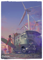 Rule 34 | 2girls, alphonse (white datura), beach, border, braid, cloud, cloudy sky, flip-flops, from behind, full body, gradient sky, heel up, highres, holding, holding surfboard, innertube, long hair, motor vehicle, multiple girls, one-piece swimsuit, original, outdoors, purple innertube, sandals, shadow, sky, sunset, surfboard, swim ring, swimsuit, twin braids, van, vehicle focus, volkswagen, volkswagen type 2, white border, wind turbine, windmill