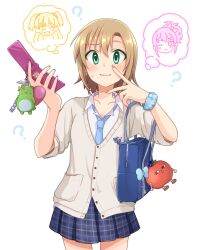 3girls ? blonde_hair blue_bag blue_eyes blue_necktie blue_scrunchie blue_skirt blush brown_hair cardigan charm_(object) checkered_clothes checkered_skirt commentary_request earrings eyelashes fang gyaru gyaru_v hair_between_eyes highres holding holding_phone idolmaster idolmaster_cinderella_girls jewelry jougasaki_mika jougasaki_rika long_hair long_sleeves multiple_girls nail_polish necktie one_eye_closed open_collar open_mouth pen phone pina_korata pink_hair pink_nails pleated_skirt ponytail ringorou_(idolmaster) school_uniform scrunchie shirt short_hair sidelocks skin_fang skirt smile solo_focus speech_bubble sweat tada_riina thighs thought_bubble tomasen twintails v white_background white_cardigan white_shirt wrist_scrunchie
