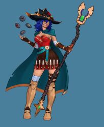 1girl absurdres armor armored_boots belt blue_hair boots breasts cape commentary commission dang_(runescape) duellist&#039;s_cap_(tier_6) english_commentary fingerless_gloves floating_rock full_body g_e_kun gladiator gloves glowing_hat greaves green_belt green_cape hat highres holding holding_staff long_bangs long_hair mage_staff medium_breasts old_school_runescape orange_eyes original poleyn ponytail runes runescape second-party_source simple_background smile solo spiked_ear_piercing spiked_hair staff staff_of_armadyl_(runescape) standing sun_symbol thick_eyebrows weapon yellow_eyes