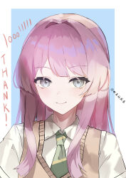 1girl absurdres bang_dream! bang_dream!_it&#039;s_mygo!!!!! blush brown_sweater_vest chihaya_anon closed_mouth green_necktie grey_eyes haneoka_school_uniform highres long_hair necktie pink_hair school_uniform simple_background sweater_vest user_ttyr8238