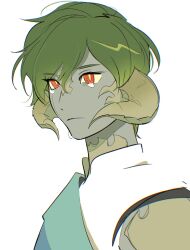 1boy au_ra brown_horns brown_scales closed_mouth collared_shirt colored_sclera colored_skin crying crying_with_eyes_open final_fantasy final_fantasy_xiv green_hair grey_skin highres horns looking_at_viewer low_horns male_focus red_eyes robodumpling scales shirt short_hair simple_background sleeveless slit_pupils solo tears upper_body varshahn white_background white_shirt yellow_pupils yellow_sclera