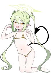 1girl absurdres bikini blue_archive demon_tail flat_chest gold_bikini green_hair highres micro_bikini mikotyuso navel nozomi_(blue_archive) pointy_ears simple_background sitting solo swimsuit tail twintails white_background yellow_eyes
