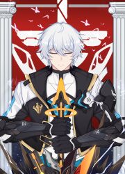 1boy absurdres armor black_jacket bug butterfly chinese_commentary cleavage_cutout closed_eyes closed_mouth clothing_cutout commentary_request cropped_jacket gauntlets hair_between_eyes highres holding holding_sword holding_weapon honkai_(series) honkai_impact_3rd insect jacket jewelry kevin_kaslana male_focus necklace open_clothes open_jacket pillar pink_butterfly planted planted_sword planted_weapon shirt short_hair shoulder_armor solo standing straight-on sword upper_body weapon white_hair white_shirt wu_hai_(artist)