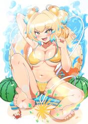 +_+ 1girl :d absurdres arm_behind_head bikini blonde_hair blue_eyes blue_hair blush bombergirl breasts cameltoe cleavage collarbone colored_tips commentary_request dashiziruangeal fang feet food fruit full_body fuse_tail grenade_hair_ornament hair_intakes highres innertube large_breasts multicolored_hair navel open_mouth pine_(bombergirl) smile solo swim_ring swimsuit two-tone_hair watermelon yellow_bikini yellow_pupils
