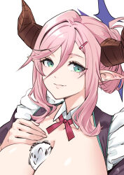 Rule 34 | 1boy, 1girl, between breasts, black dress, blue archive, breasts, closed mouth, collarbone, doodle sensei (blue archive), dress, green eyes, hair between eyes, hair ornament, hairclip, halo, hand up, highres, horns, juri (blue archive), large breasts, looking at viewer, mole, mole under eye, pink hair, pointy ears, sensei (blue archive), shimotsuki eight, simple background, single hair intake, smile, thick eyebrows, white background